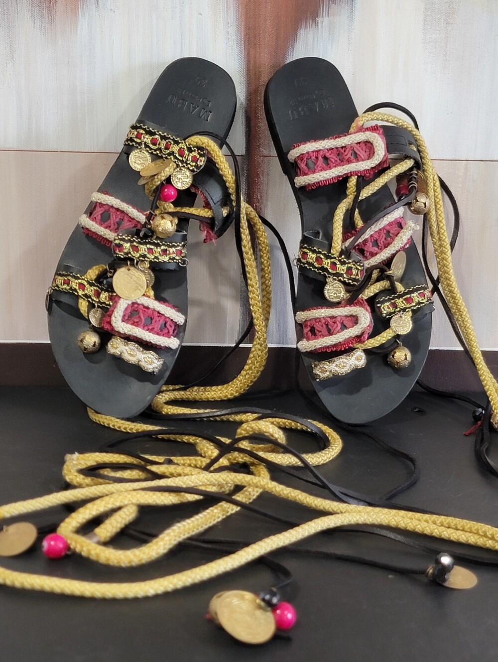 Mabu Womens Black Leather Gladiator Lace-Up Ankle Strap Sandals Beaded EU 39
